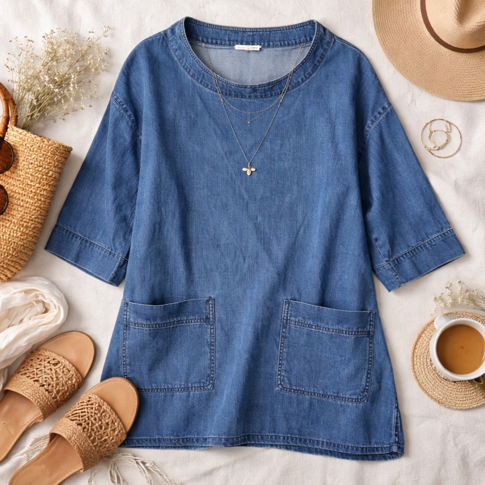 Eileen Fisher Tencel Lyocell Denim Tunic Top Blue 3/4 Sleeve Pockets Size M